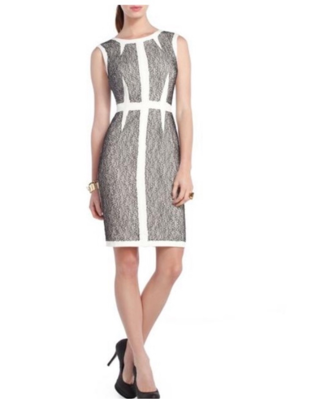 BCBGMaxAzria Black and White Lace-Panel Sheath Dress